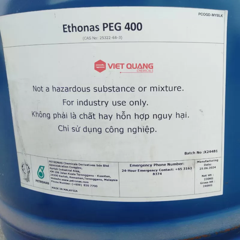Dung môi công nghiệp PEG 400 – Polyethylene Glycol 400, xuất xứ Malaysia/ Indonesia/ Hàn Quốc / Trung Quốc